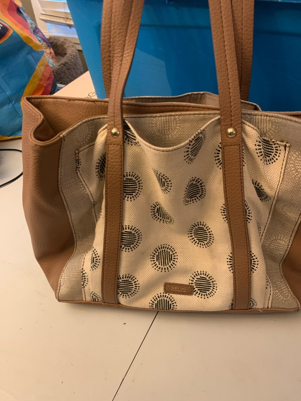 Relic Beige Canvas Tote with Tan Trim and Black Dot Motif